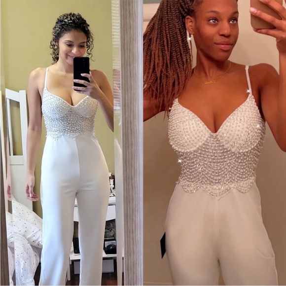 White Pearl Sequin Bustier Mermaid Sleeveless Jumpsuit 🌿 - Picture 5 of 12